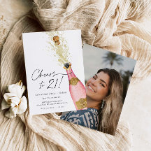 Cheers 21:a födelsedag Rosa och Guld fotoinbjudan