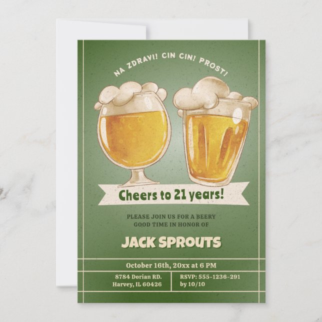 Cheers 21 år Öl 21:a födelsedag Inbjudningar (Framsida)