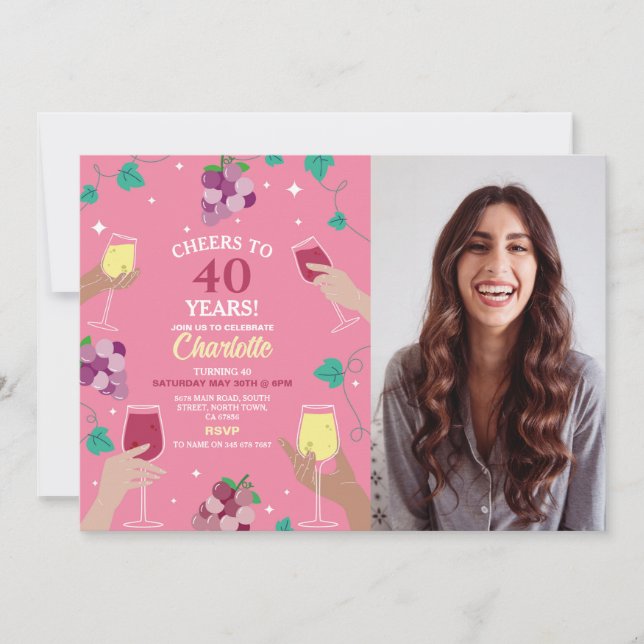 Cheers 40:e födelsedag Vin Tasting Party Rosa Phot Inbjudningar (Framsida)