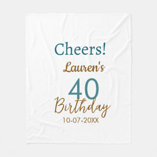 Cheers 40th birthday name date brown turquoise sim fleecefilt
