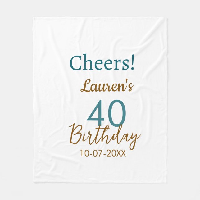 Cheers 40th birthday name date brown turquoise sim fleecefilt (Framsidan)