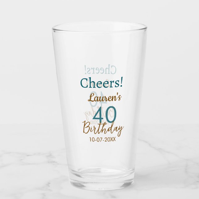 Cheers 40th birthday name date brown turquoise sim glaskopp (Framsida)