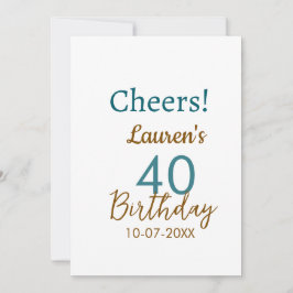 Cheers 40th birthday name date brown turquoise sim inbjudningar