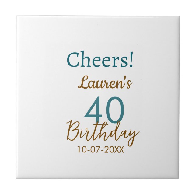 Cheers 40th birthday name date brown turquoise sim kakelplatta (Framsidan)