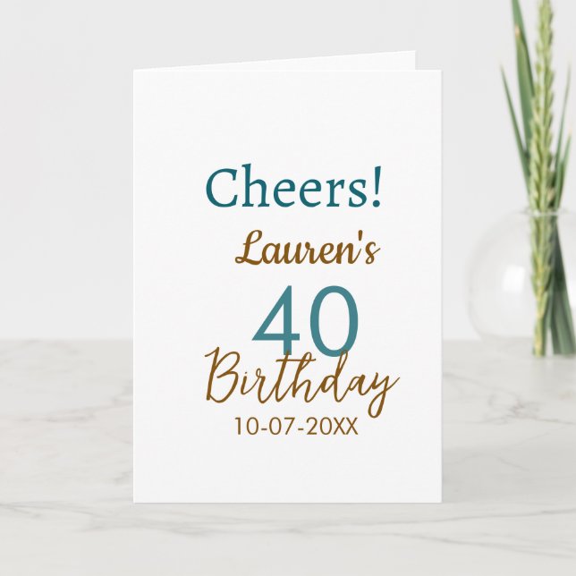 Cheers 40th birthday name date brown turquoise sim kort (Framsida)