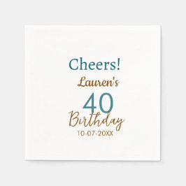 Cheers 40th birthday name date brown turquoise sim pappersservett