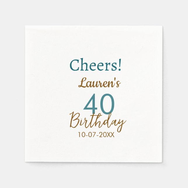 Cheers 40th birthday name date brown turquoise sim pappersservett (Framsidan)