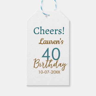 Cheers 40th birthday name date brown turquoise sim presentetikett