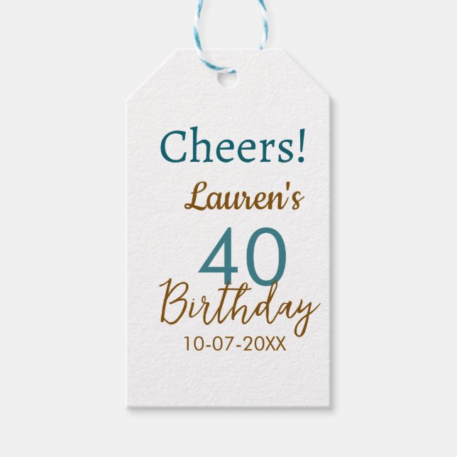 Cheers 40th birthday name date brown turquoise sim presentetikett (Framsidan)