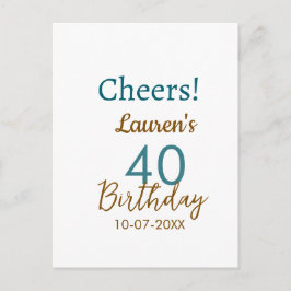 Cheers 40th birthday name date brown turquoise sim vykort