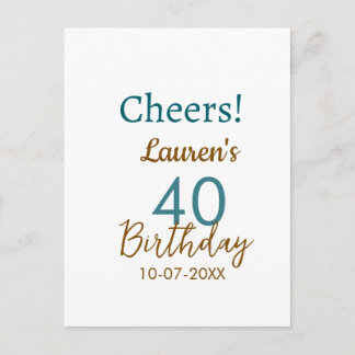Cheers 40th birthday name date brown turquoise sim vykort