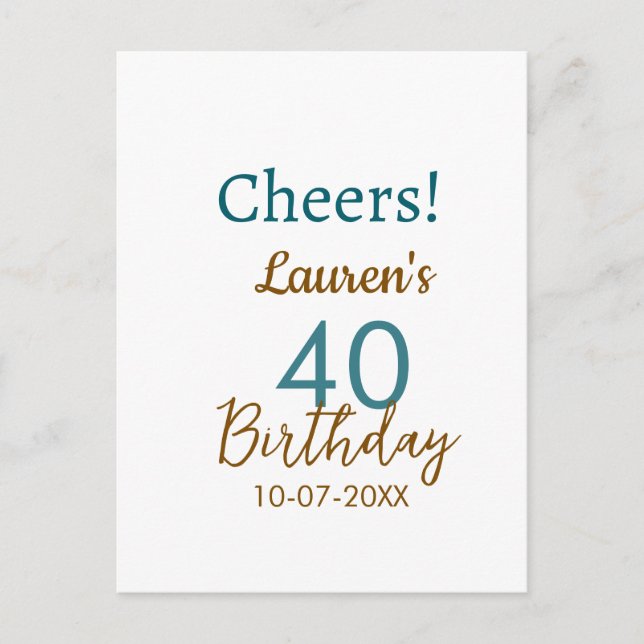 Cheers 40th birthday name date brown turquoise sim vykort (Framsida)