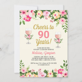 Cheers 90:e födelsedagsinbjudan Kvinnlig Blommigt Inbjudningar
