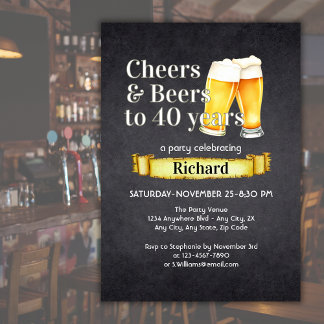 Cheers and Beers 40 Years Simple Vintage Black  Inbjudningar
