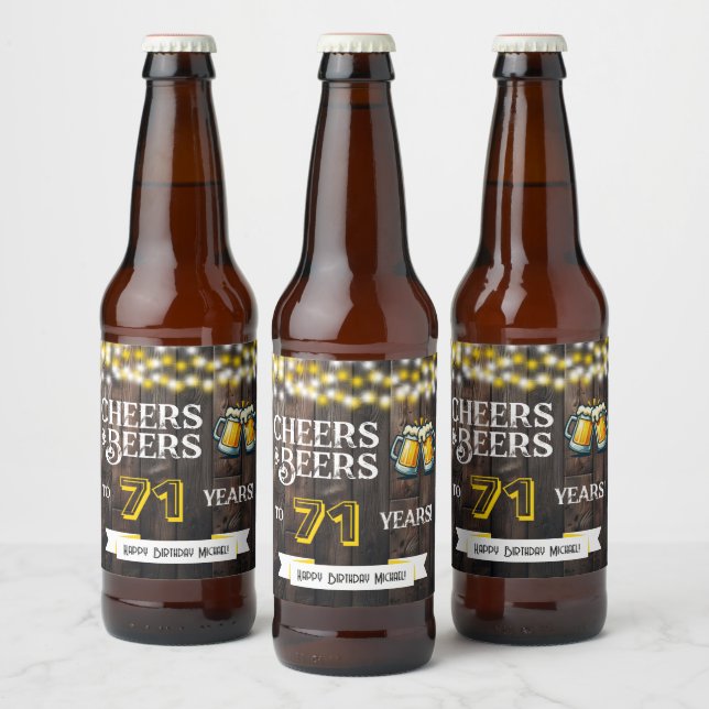 Cheers and Beers to 71 Years Rustic Birthday Ölflaska Etikett (Flaskor)