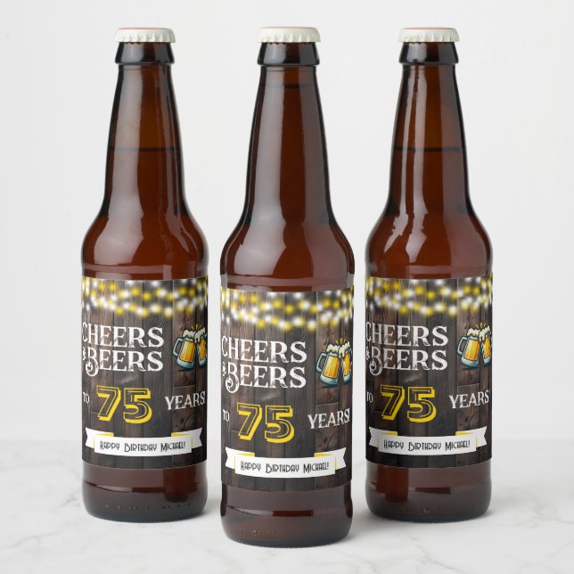 Cheers and Beers to 75 Years Rustic Birthday Ölflaska Etikett (Flaskor)