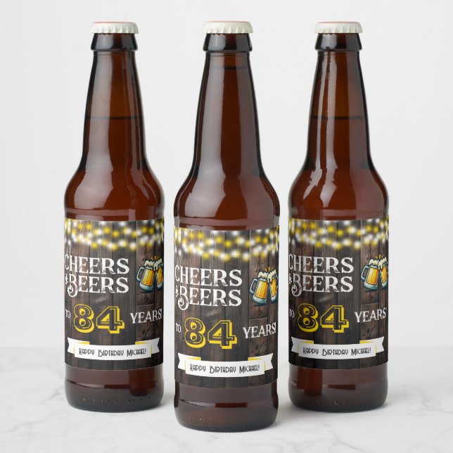 Cheers and Beers to 84 Years Rustic Birthday Ölflaska Etikett (Flaskor)