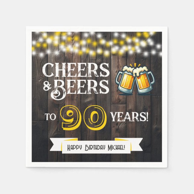 Cheers and Beers to 90 Years Rustic Birthday Party Pappersservett (Framsidan)