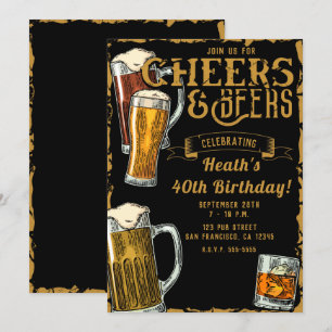 Cheers & Beers Gold Black Pub Bar Födelsedagsfest Inbjudningar