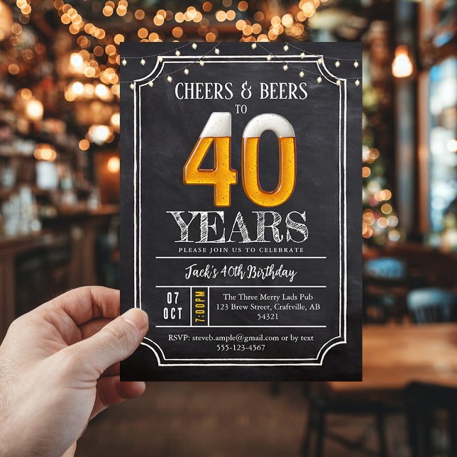 Cheers & Beers Men's 40th Birthday Invitation Inbjudningar (Raise a glass to 40 years of good times with this Cheers & Beers 40th Birthday Invitation!)