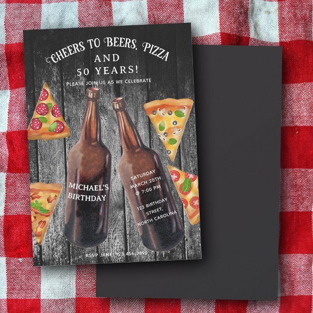 Cheers Beers Pizza 50th Beer Birthday Party Inbjudningar (Cheers Beers Pizza 50th Beer Birthday Party Invitation)
