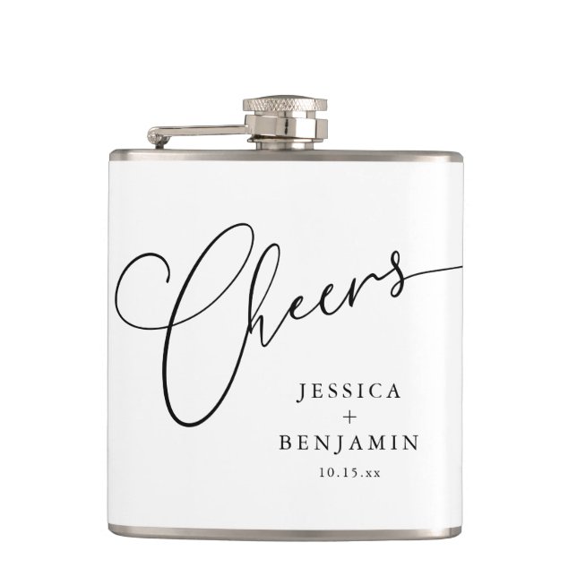 Cheers Black White Script Personlig Bröllopsgåva Fickplunta (Framsidan)