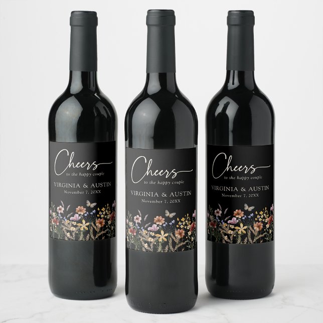 Cheers Blommigt Bröllop Vinflaska Etikett (Cheers Boho Black Floral Wedding Wine Label by Painted Paperie
)