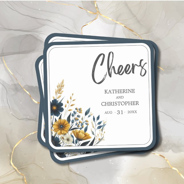 Cheers Blue Gult Blommigt Bröllop Underlägg Papper Kvadrat (Blue Gold Floral Wedding Coaster with Couple Names and Wedding Date.)