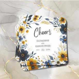 Cheers Blue Gult Wildblommor Elegant bröllop Underlägg Papper Kvadrat