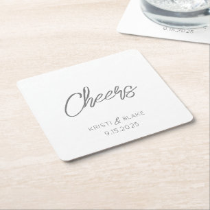 CHEERS Bröllop DATE par NAMN Modern minimalist Underlägg Papper Kvadrat