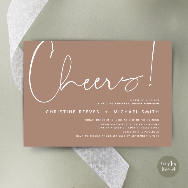 Cheers, Bröllop Rehearsal Dinner Inbjudningar (Cheers, Wedding Rehearsal Dinner Invitation Card, PDF, Modern Minimalist, in Taupe neutral earthy)