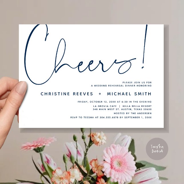 Cheers, Bröllop Rehearsal Dinner Inbjudningar (Cheers, Wedding Rehearsal Dinner Invitation Card, PDF, Modern Minimalist, in Navy Blue)