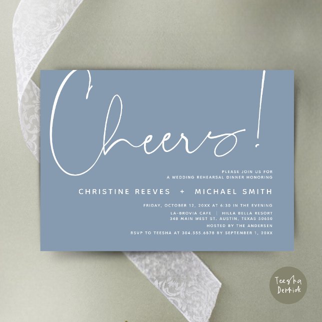 Cheers, Bröllop Rehearsal Dinner Inbjudningar (Cheers, Wedding Rehearsal Dinner Invitation Card, PDF, Modern Minimalist, in Dusty Blue)