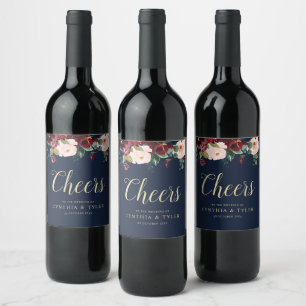 CHEERS   Burgundi och marin blå blommigt bröllop Vinflaska Etikett