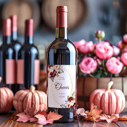 Cheers Burgundy Script Blommigt Guld Gräns Bröllop Vinflaska Etikett