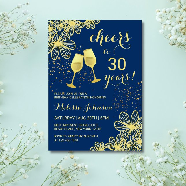 Cheers Champagne Blommigt Guld Navy Blue Birthday Inbjudningar (Skapare uppladdad)