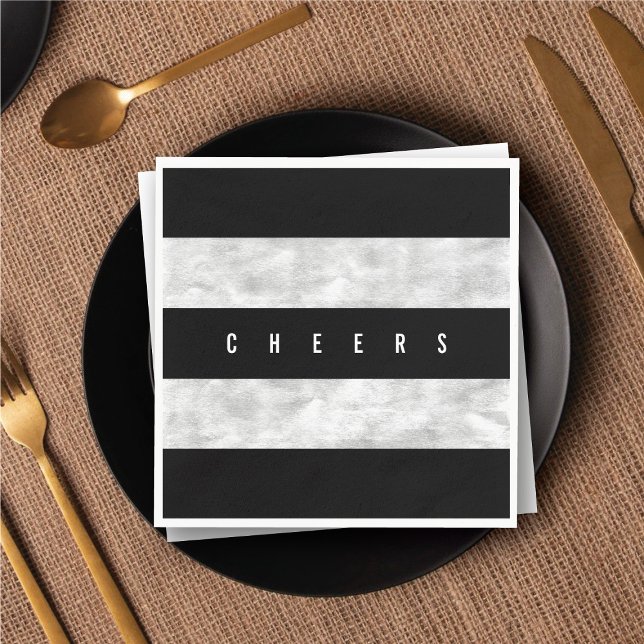 Cheers Chic Silver Foil Black Rand Julfest Pappersservett (Cheers Chic Silver Foil Black Stripe Holiday Party Paper Napkins @ fat_fa_tin)