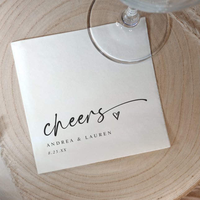 Cheers Cocktail Napkins Heart Handskriftlig Bröllo Pappersservett (Cheers wedding napkins - personalized wedding napkins for reception, rehearsal dinner, engagements)
