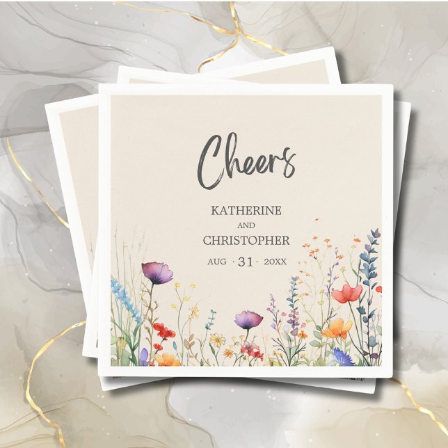 Cheers Colorful Wildblomma Elegant Beige Bröllop Pappersservett (Cheers Colorful Wildflowers Wedding Napkin with purple, orange, red wildflowers, beige background.)