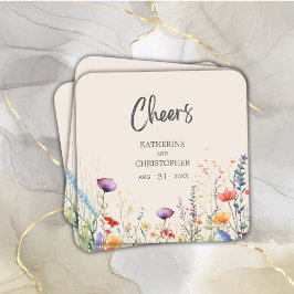 Cheers Colorful Wildblomma Elegant Beige Bröllop Underlägg Papper Kvadrat