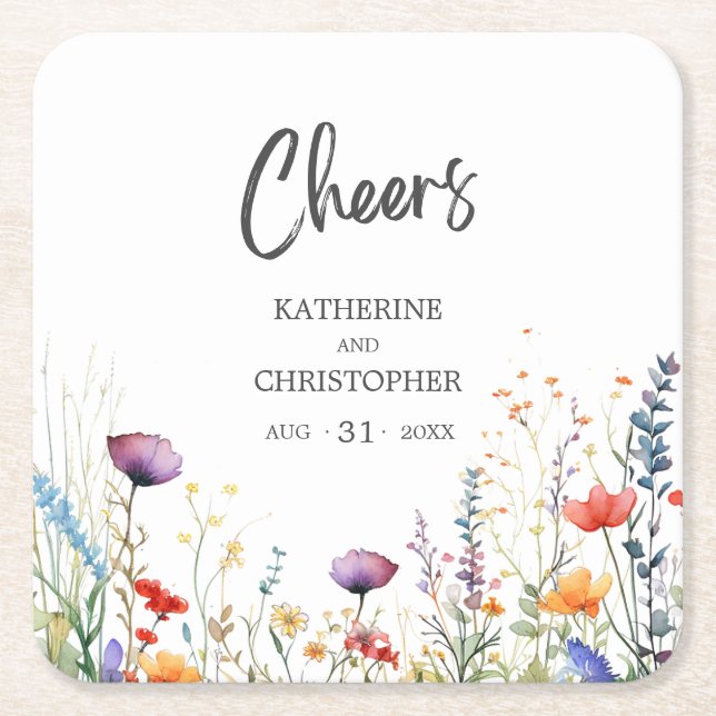 Cheers Colorful Wildblommor Elegant bröllop Underlägg Papper Kvadrat (Framsidan)