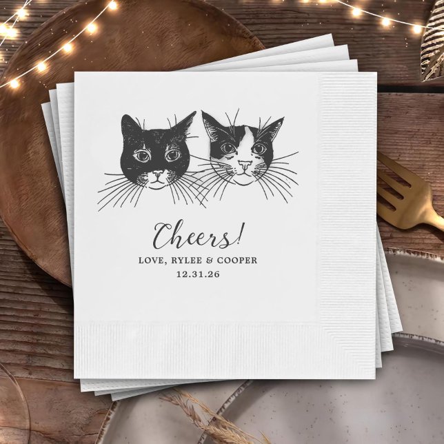 Cheers Custom Cat Drawn Cocktail Napkins Wedding Pappersservett (Skapare uppladdad)