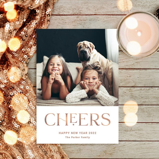 Cheers | Dekorativ text Gott nytt år 2-foto Julkort (Skapare uppladdad)