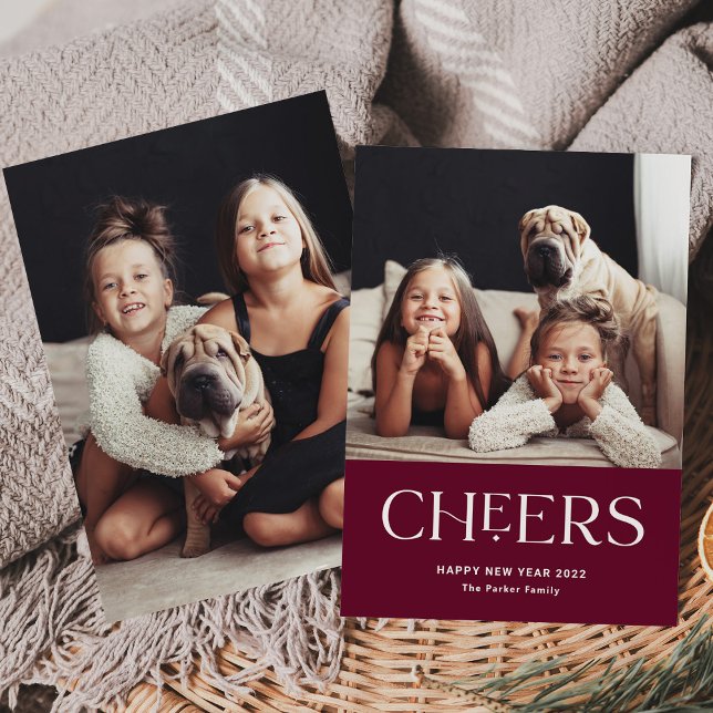 Cheers | Dekorativ text Gott nytt år 2-foto Julkort (Skapare uppladdad)