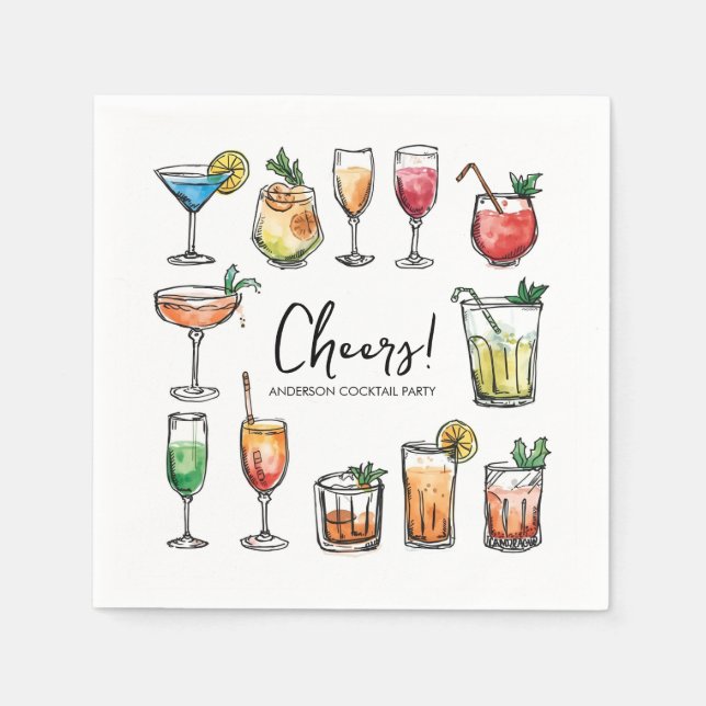 Cheers Doodle Drawing Holiday Cocktail Party Pappersservett (Framsidan)