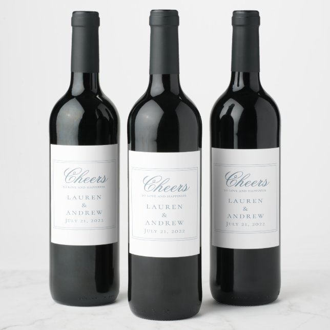 Cheers Dusty Blue Modern Minimalist Bröllop Vinflaska Etikett (Flaskor)