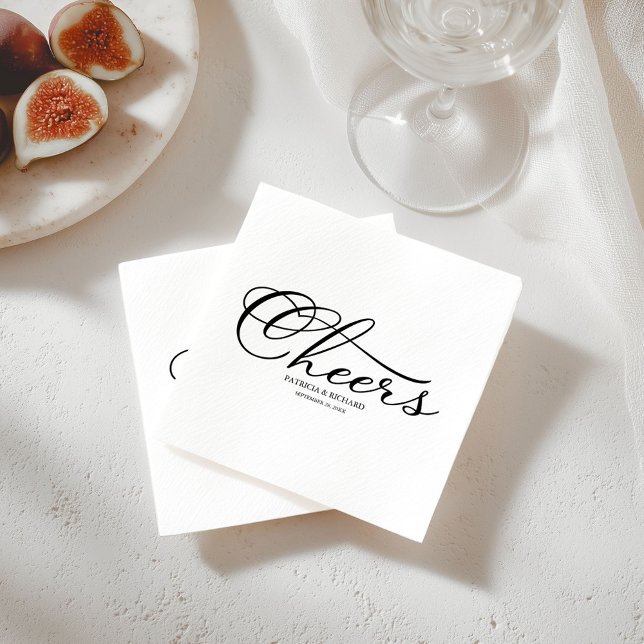 Cheers - Elegant Black and White Script Bröllop Pappersservett (Skapare uppladdad)