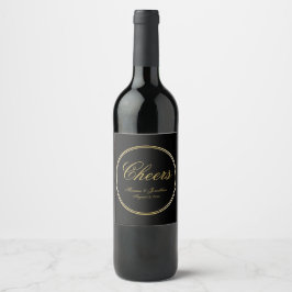 Cheers Elegant Black Guld Calligraphy Bröllop Vinflaska Etikett