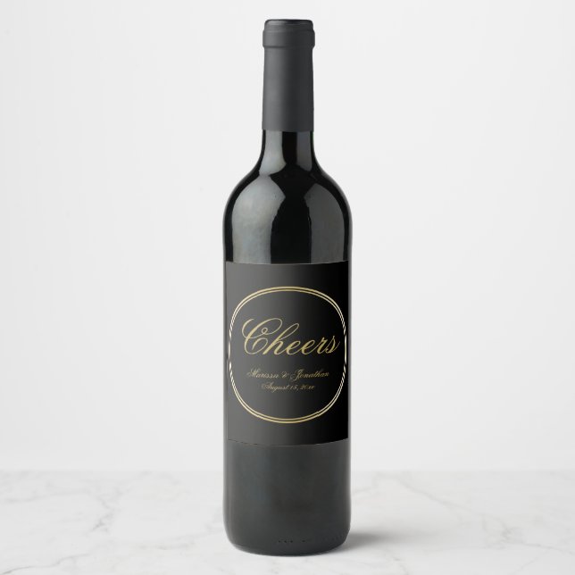 Cheers Elegant Black Guld Calligraphy Bröllop Vinflaska Etikett (Framsida)