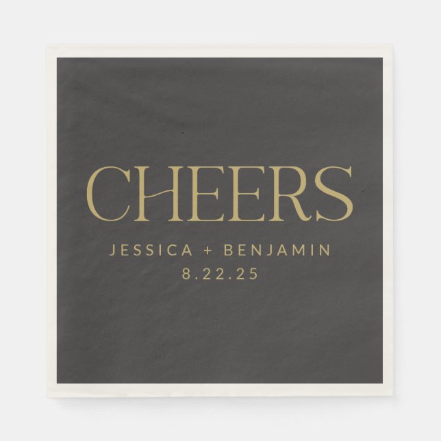 Cheers Elegant Black med Guld Typography Bröllop Pappersservett (Framsidan)